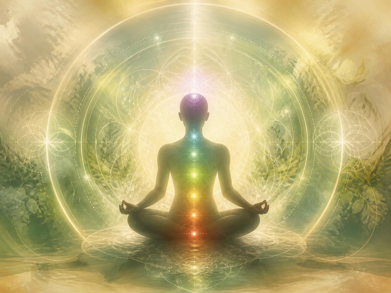 Representação da Apometria: campo energético luminoso ao redor de uma pessoa em meditação